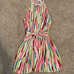 Multi-colored dress with tie belt